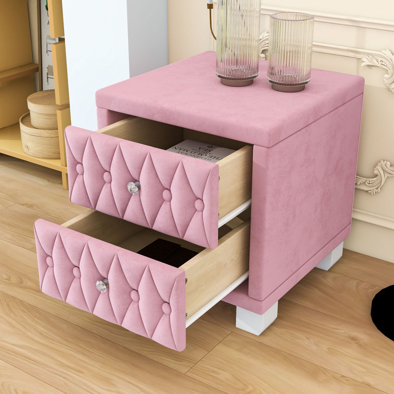 Table de chevet rembourrée avec 2 tiroirs et poignée en cristal, Rose
