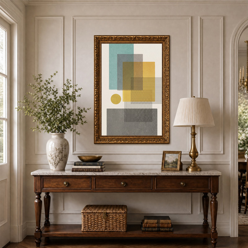 Formes géométriques abstraites sur toile moutarde et turquoise, H 24 po x l 16 po