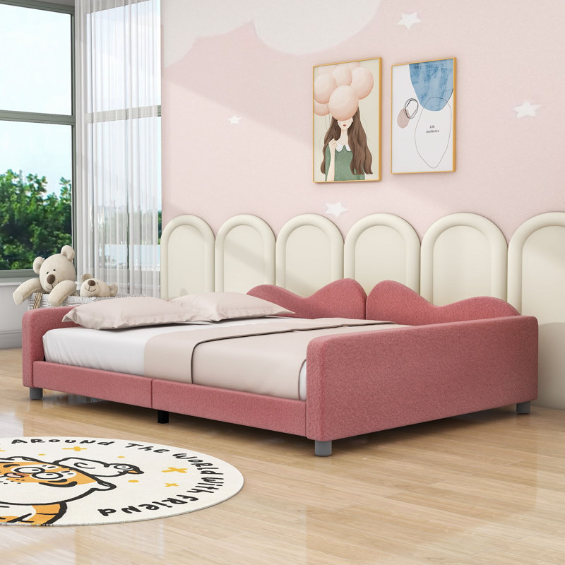 Wood Upholstered Daybed with Cloud-Shaped Backrest, Pink, Full