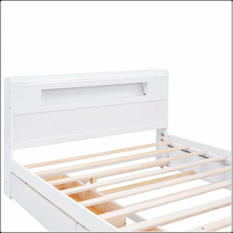 Lit plateforme avec rangement en bois avec DEL, 2 tiroirs et 1 lit gigogne, Blanc