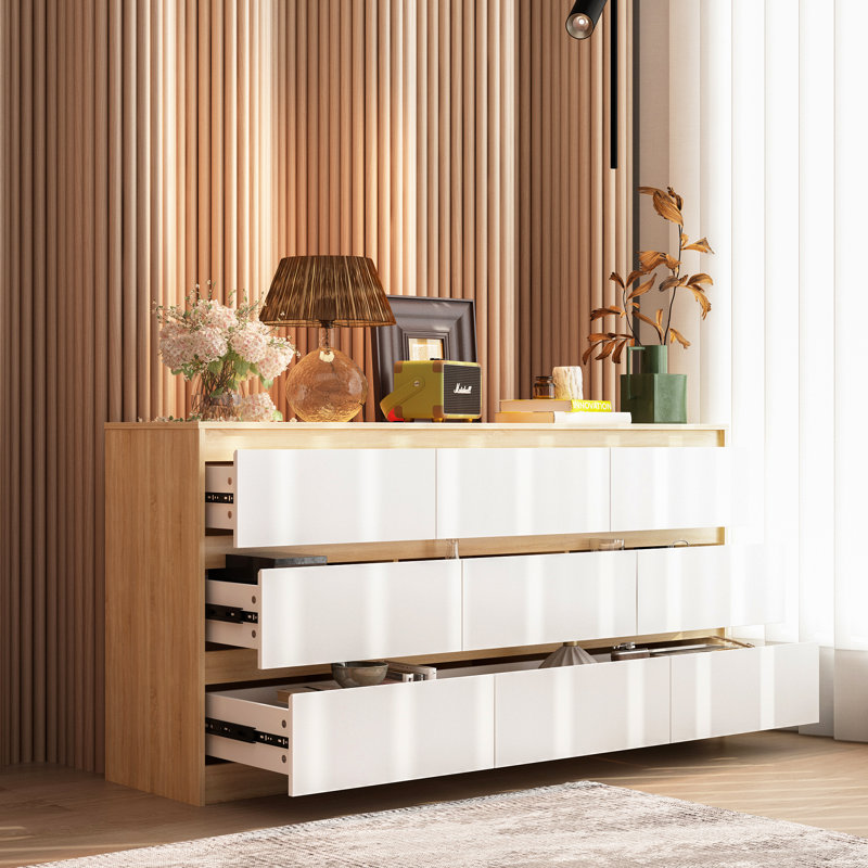 Khaliyl 63''W 9 - Drawer Dresser, White/Natural