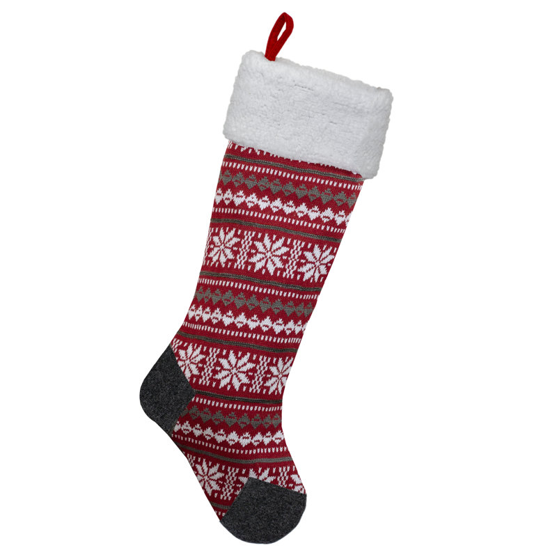 Chaussette de Noël 23 po en tricot rouge, gris et blanc avec revers en sherpa
