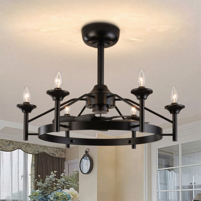 27 "Modern Remote Control Reversible Matte Black With  Matte Black Blades Adjustable Lower Rod Mount Ceiling Fan With Living Room/Bedroom Lighting Kit
