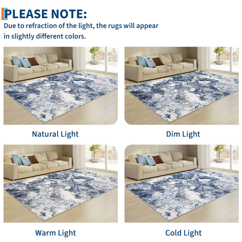 Machine Washable Modern Abstract Rug Non Slip Non Shedding Rug Soft Contemporary Throw Floor Cover  Low Pile Foldable Indoor Carpet for Living Room Dining Room Bedroom Playroom Nursery