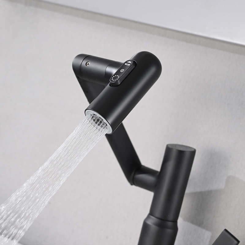 Bathroom Sink Faucet with Spray Function and Temperature Display for Anti-Skid Switch and Hot & Cold and 360° Rotary
