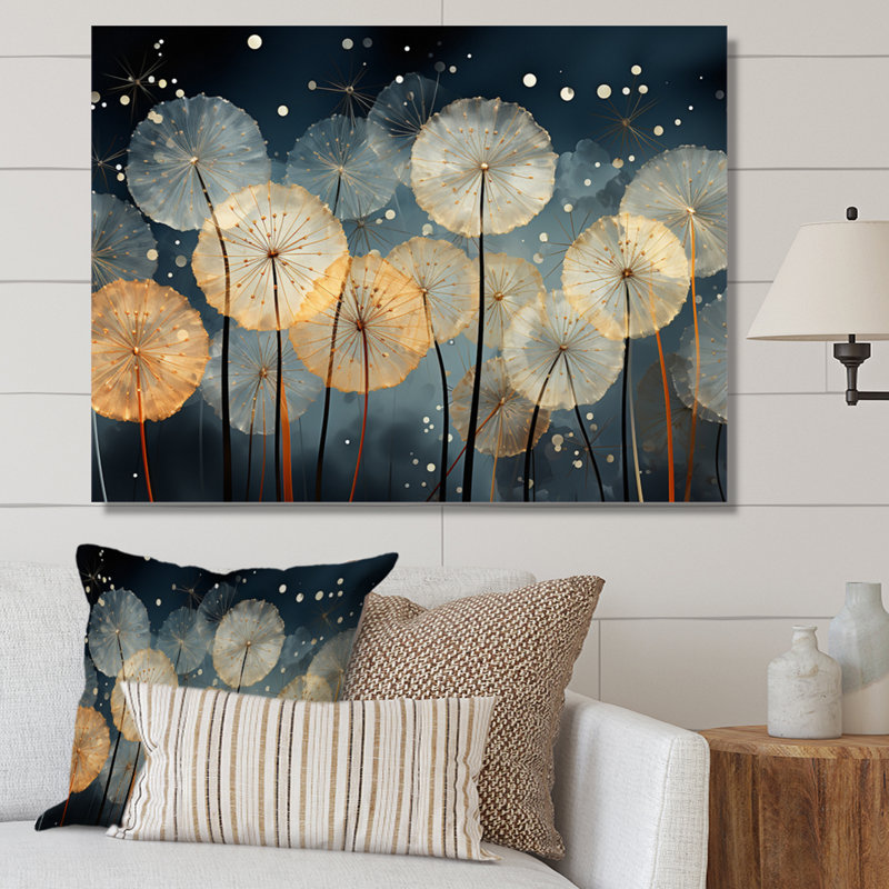 Blanc sarcelle pissenlit symphonie II - art mural pissenlit pour le salon, H 16 po x l 32 po x P 1 po, Toile tendue