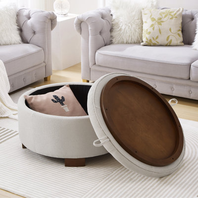  Round Boucle Fabric Storage Ottoman with Reversible Lid and Wooden Legs, Beige