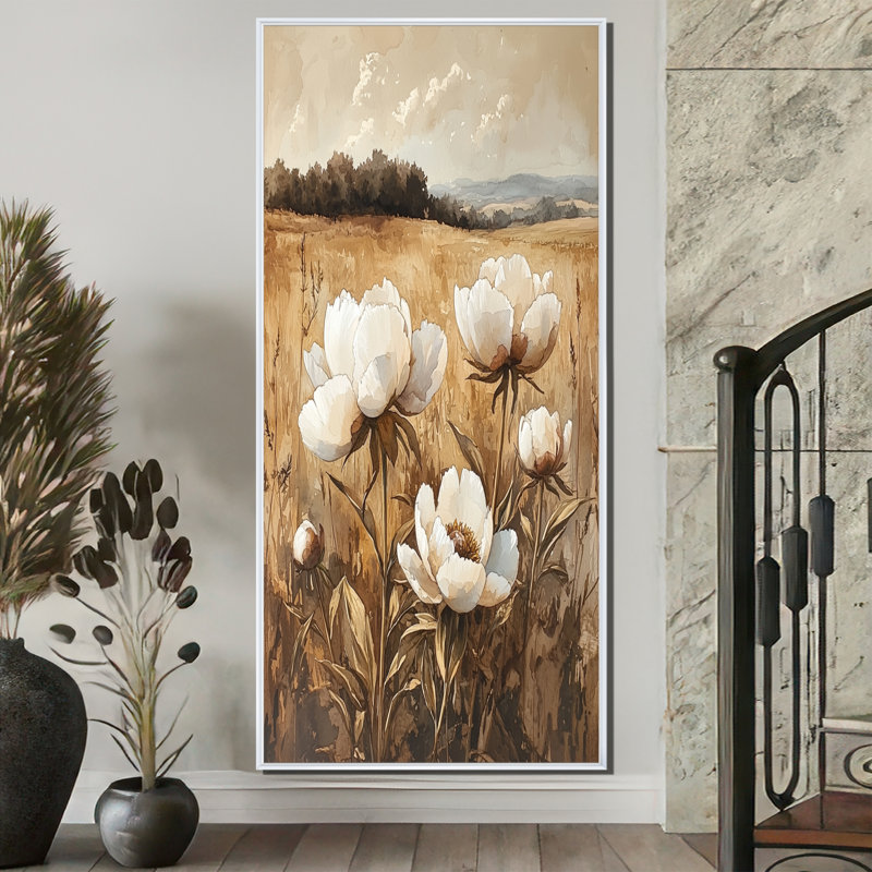 Décoration murale pivoines le long de la campagne III - pivoines, H 60 po x l 28 po, Reproduction avec cadre flottant, Blanc