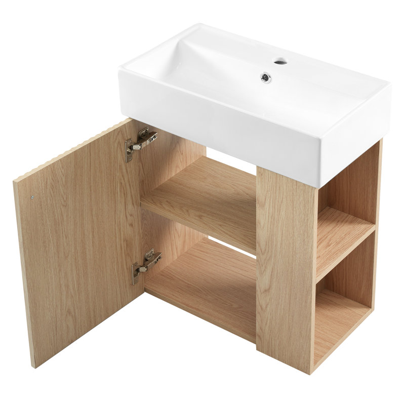 Meuble-lavabo mural moderne de 21,6 po avec poignée en or rose, fixation pour robinet à un trou, rangement latéral pour les petites salles de bain, porte ondulée, articles de toilette et design élégant