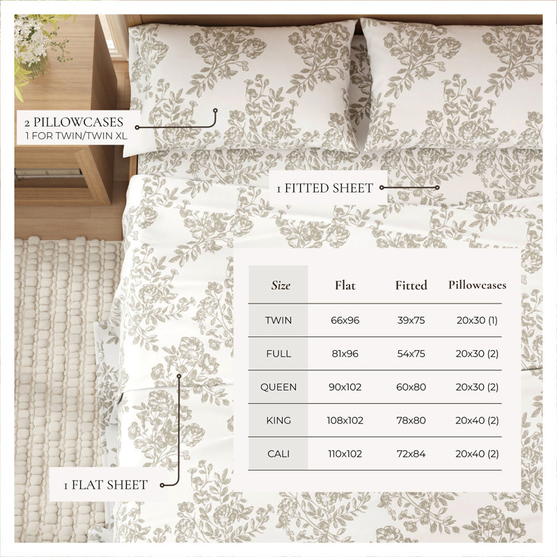 King Grey Toile Print Cotton Flannel Sheet Set