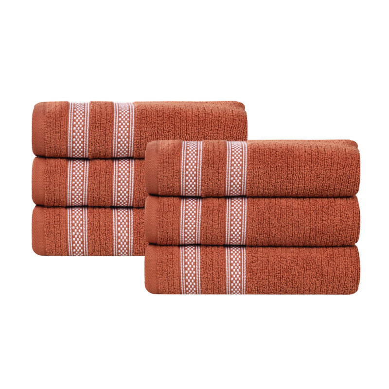 Tylique Zero Twist Cotton Ribbed Modern Geometric Border Soft Highly-Absorbent Hand Towel, Rust