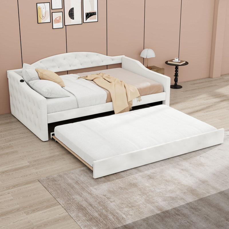 Twin Tufted Upholstered Daybed with Twin Trundle and Built-In Charging Ports, Beige