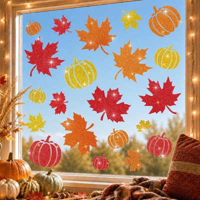 Glitter Fall Window Clings Autumn Thanksgiving Window Stickers Decals Decor. 6 Sheets Window Decals with Sparkling Powder, Happy Fall Decorations for Home Office School Classroom Kids Room Indoor Party