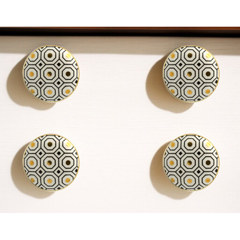 Set of Six White Silver And Gold Geometric Ceramic Drawer Pull Knobs