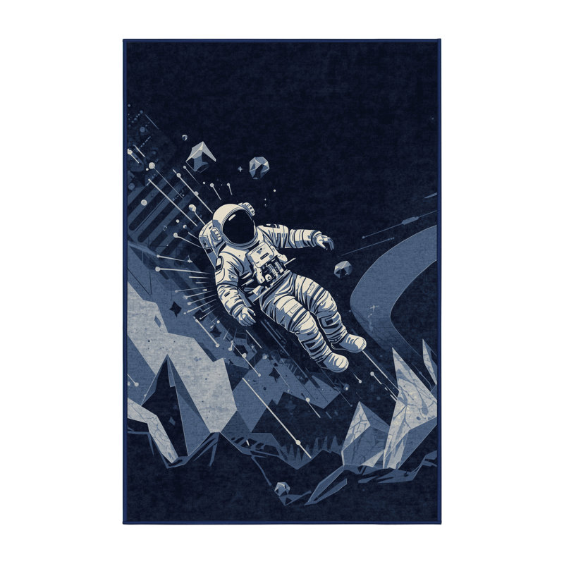 Tapis bleu marine et bleu marine délavé à la machine Alan Astronaut On Alien World, 8 x 10