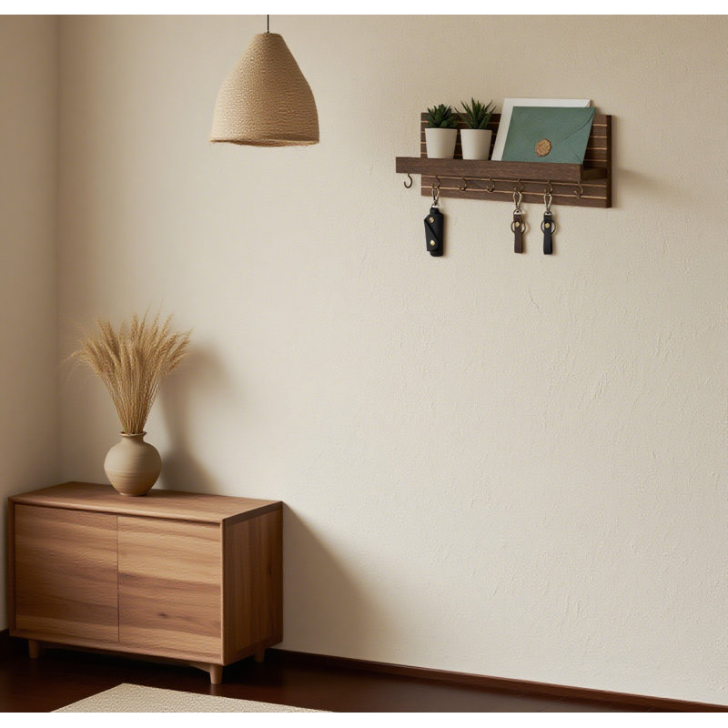 Porte-clés mural avec tablette et 7 crochets, porte-courrier et porte-clés décoratif pour laisses et verres, Brun