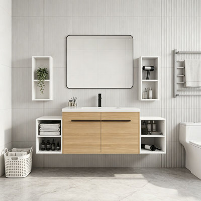 Ensemble de meuble-lavabo mural 60 po avec lavabo de comptoir en résine et 2 tablettes de rangement, 2 portes à fermeture douce (KD-Packing)