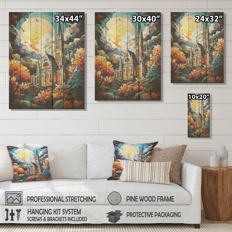 Pop Art Curch At Moon Landscape I - Church On Wood Print, H 44 po x l 34 po