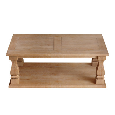 Farmhouse Coffee Table, Solid Wood Plank Top Coffee Table with Thick Baluster Legs, Distressed Light Wood Rustic Coffee Table with Lower Storage Shelf
