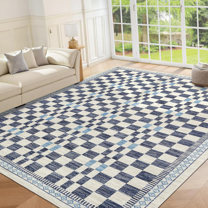 2x6 Washable Runner Rug for Kitchen, Bathroom, Non-Slip, Low Pile, Stain-Resistant, Abstract Checkered Carpet, Entryway, Laundry, Yellow.
