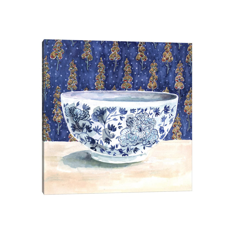 Blue China With Floral Wallpaper by Miri Eshet - Painting on Canvas, Wrapped Canvas, 66.04 cm H x 66.04 cm W x 1.91 cm D