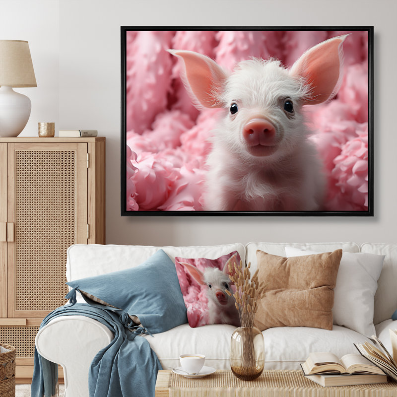 «Pink Curious Pig II», reproduction sur toile, Cadre flottant noir, H 16 po x l 32 po x P 1 po