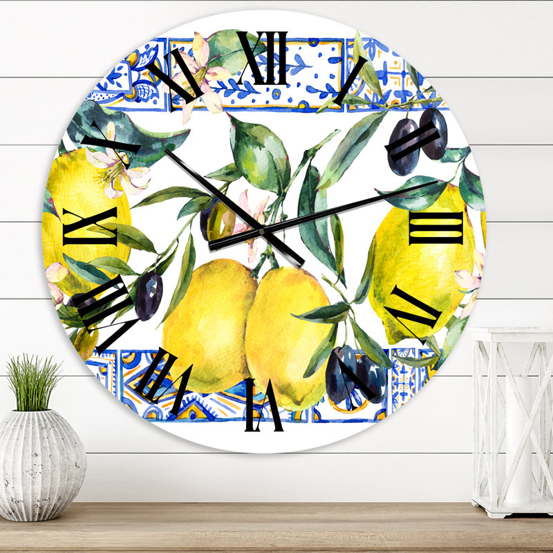 Horloge murale tropicale ornement citron sur fond bleu II, Moyen