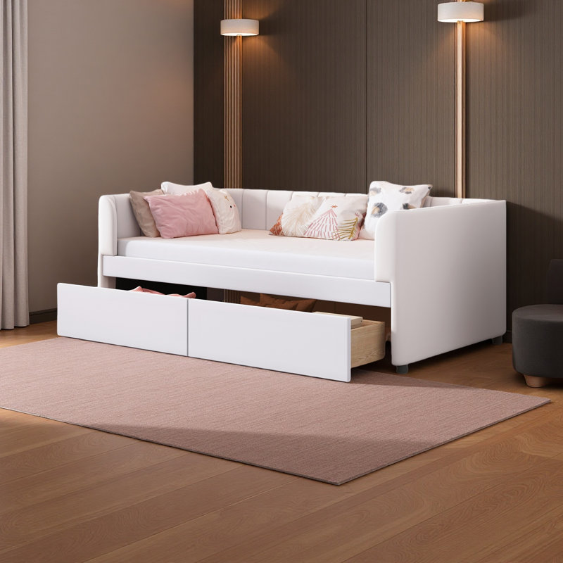 Lit de jour simple rembourré avec dossier ergonomique et 2 tiroirs, Beige