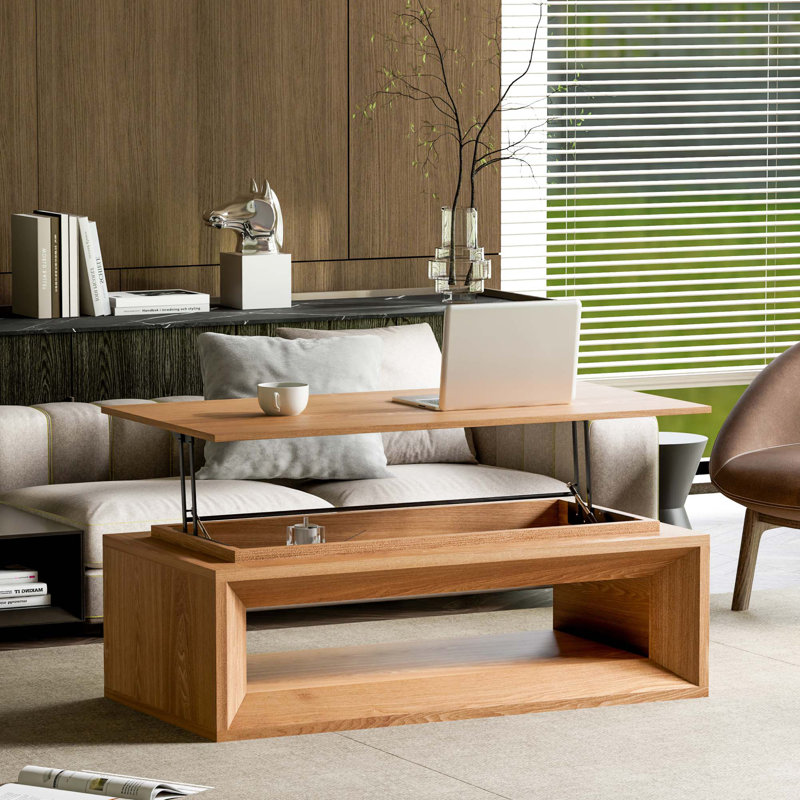Table basse à plateau relevable moderne avec rangement dissimulé et hauteur réglable, Bois naturel