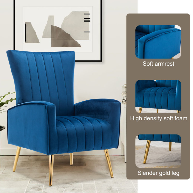 27“ Wide Velvet Upholstered Armchair with Golden Legs, Blue Fabric