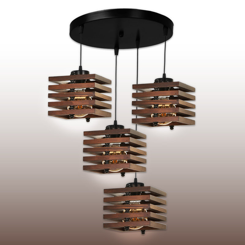 Luminaire suspendu en bois 4 lumières, Marron foncé