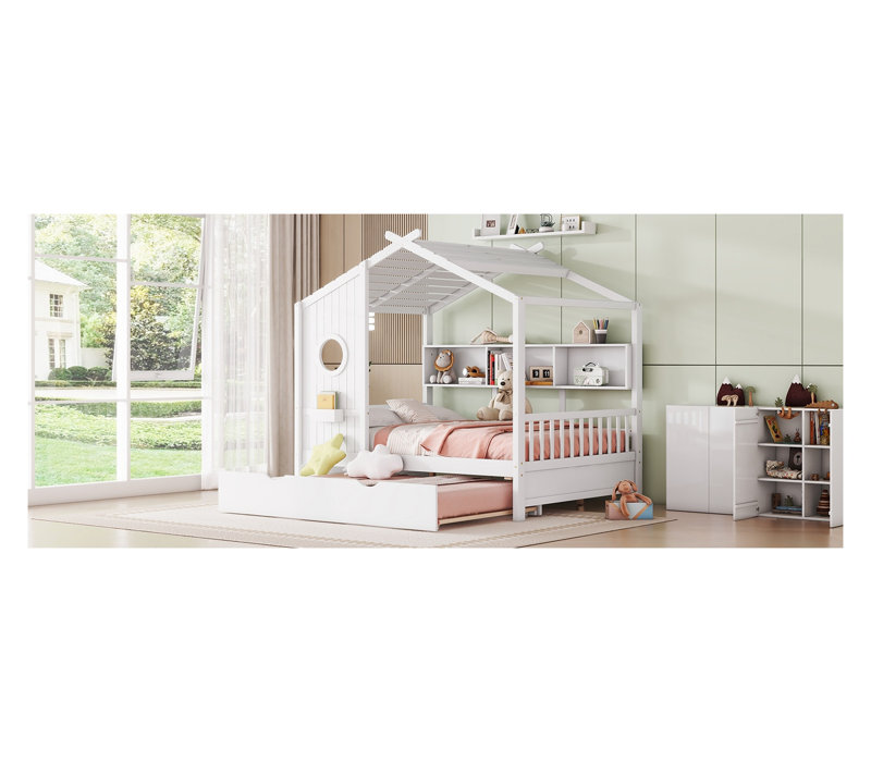 Structure de lit blanc pour lit double avec lit gigogne et tablettes de rangement, maisonnette en bois massif pour enfants