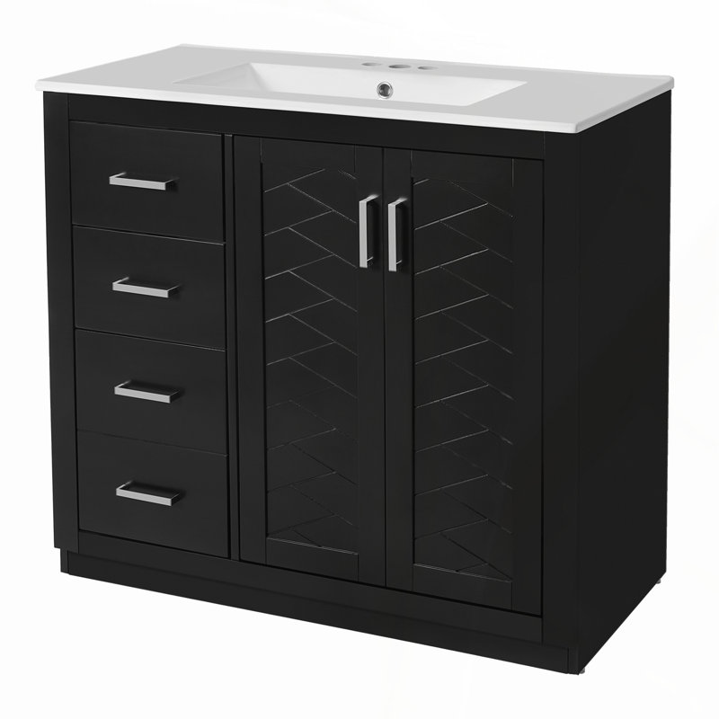 Meuble-lavabo de 36 po avec lavabo en céramique, structure en bois massif et rangement spacieux, ensemble autoportant avec 3 tiroirs et portes à fermeture douce