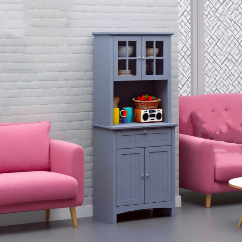 Armoire de cuisine avec portes à panneaux et portes en verre encadrées, adaptée aux cuisines et aux salles à manger, gris