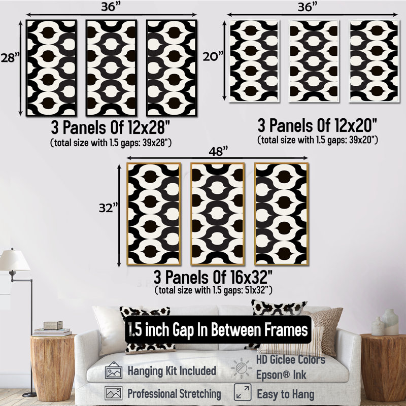 «Black and White Retro Geometrics», ensemble de 3 reproductions d'art encadrées sur toile, L 48 po x H 32 po, Cadre brun