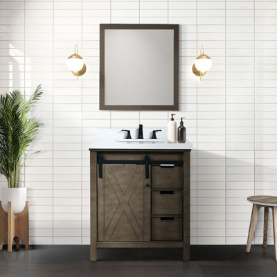 Meuble-lavabo rustique brun de 29,5 po avec miroir de 28 po, armoire intérieure, trois tiroirs et tablette de rangement, comptoir compatible avec une méthode d'installation rapide et simple, un plateau entièrement construit