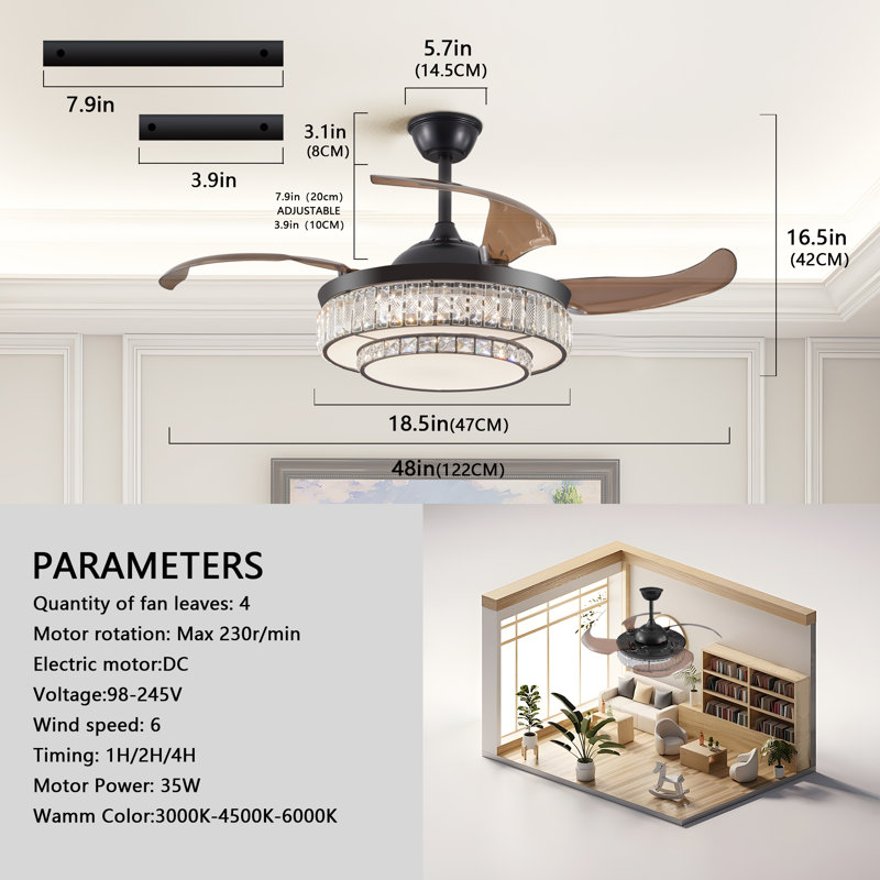 48" Contemporary Crystal LED Retractable Ceiling Fan With Light And Remote Control