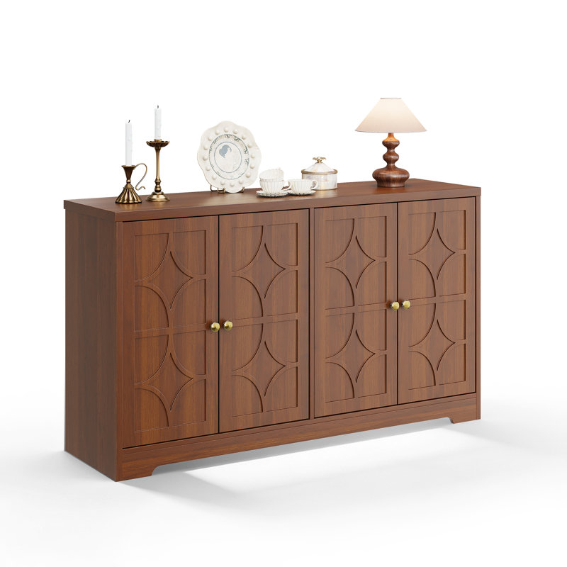 55" Modern Buffet Cabinet with Adjustable Shelves, Brown Wood Sideboard with Diamond Doors, Kitchen Coffee Bar Credenza