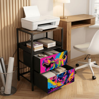Table de chevet 2 tiroirs avec station de charge, table de chevet pour chambre avec ports USB et amp; Outlets, tablette ouverte noire, table de chevet avec imprimé abstrait néon T Rex coloré
