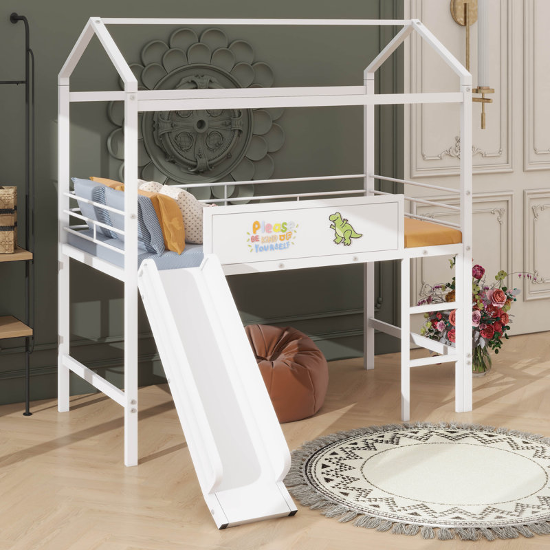 Twin Size Metal House Bed Loft Bed With Two-Sided Writable Wooden Board And Slide, White