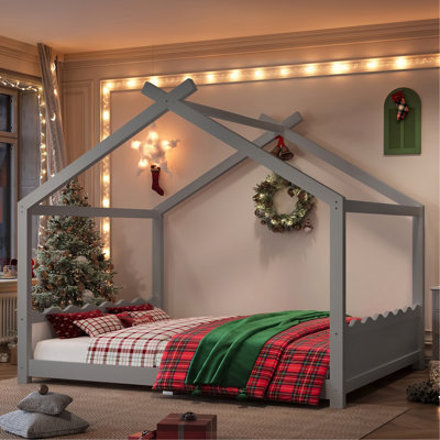 House Floor Bed With Support Slats, Solid Wood House Bed Frame For Kids, No Box Spring Needed And Opening Constructure