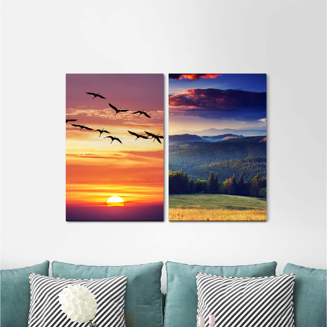 2-tlg. Leinwandbilder-Set - Grafikdruck "Vogelschwarm Miyajima Japan Hiroshima Sunset Mountains"