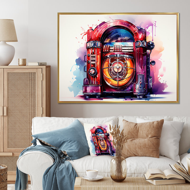 Rock N Roll Jukebox Fever I - Jukeboxes, art mural, Cadre flottant doré, H 16 po x l 32 po x P 1 po