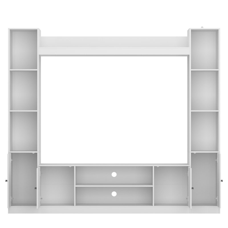 81" W Modern White Laminate Entertainment Center with 4 Doors & Open Shelves