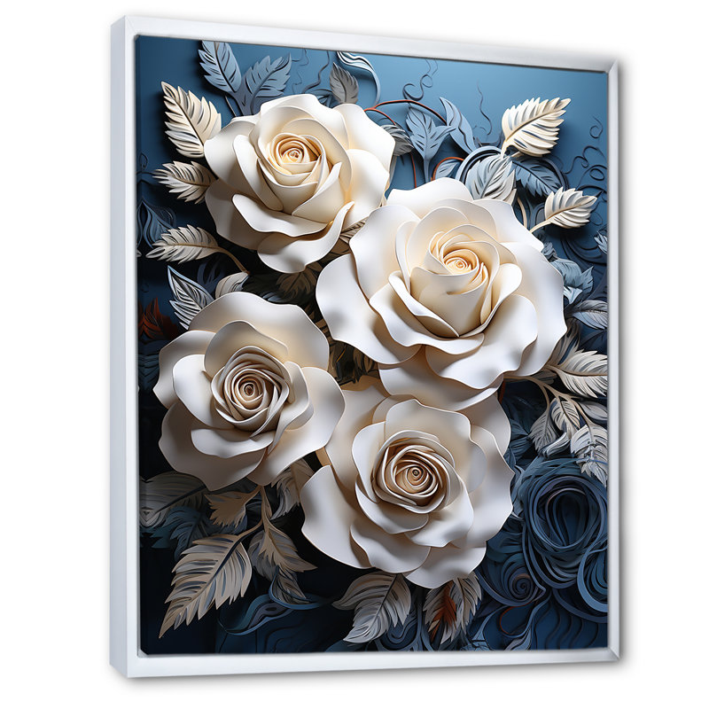 «Blue and White Roses Moonlight Grace II», reproduction d'art sur toile, Cadre flottant blanc, H 32 po x l 16 po x P 1 po