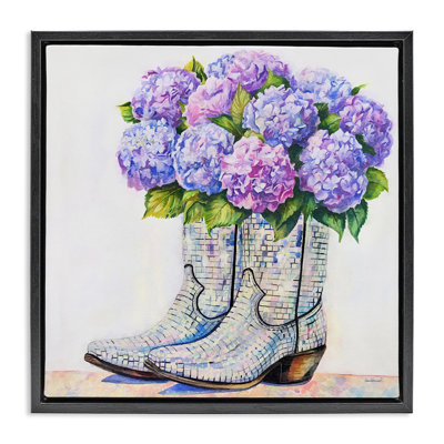 Hydrangea Filled Cowgirl Boots Floating Frame, design by Amanda Greenwood