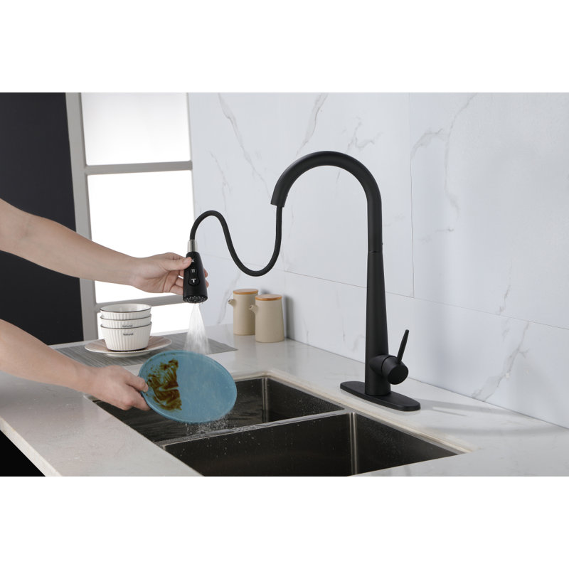 Robinet de cuisine avec douchette rétractable, robinet d'évier de cuisine monocommande à grande arche avec plaque de pont, robinets de cuisine commerciaux modernes en acier inoxydable