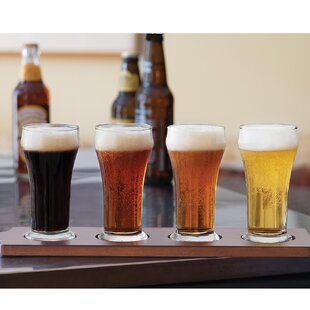 MyGift Dark Brown Slatted Wood Beer Flight Tasting Sampler Tray with 4 Glass Cups and Mini Chalkboards
