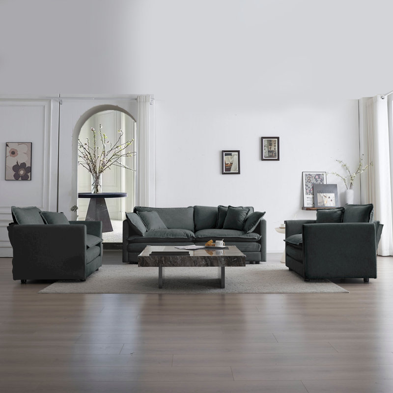 Ensemble de canapé modulaire 3 pièces, 2 fauteuils et canapé 2 places, tissu chenille avec coussins, gris, Gris