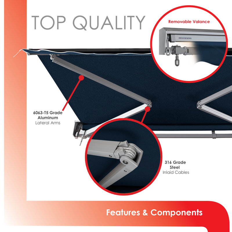 Classic Series 10'x8' Manual Hand-Crank Retractable Shade Awning, 9.8" H x 120" W x 96" D, Navy